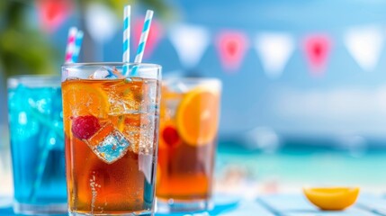 Canvas Print - Three glasses of different colored drinks with straws in them. Tropical summer concept