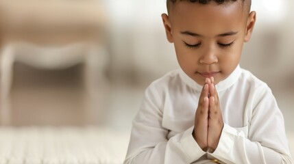 A young boy is praying in a white shirt, prayer concept