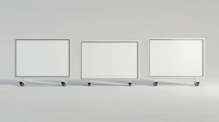 Poster - Three white boxes with wheels on the bottom, mockup advertising space