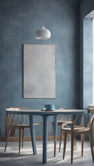 Wall Mural - Blue dining table and wooden chairs against concrete wall with poster Minimalist interior design of
