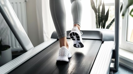 Poster - A woman is running on a treadmill in a gym, healthy lifestyle concept