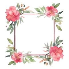 Wall Mural - Geometric pastel watercolor frame with pink flowers and green leaves. Hexagon picture frame decorated with pink flower. Modern botany concept for wedding invitation and home decor design. AIG35.