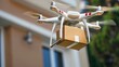 © top images - A white drone is flying over a brown box, delivery concept