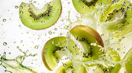 Whole and sliced kiwi with splashes of juice, isolated on a white background. 