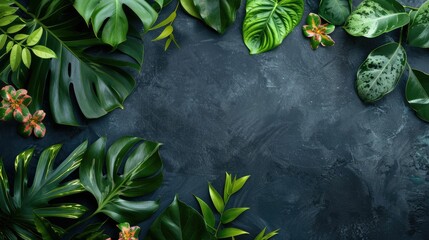 Wall Mural - An artistic arrangement of tropical leaves and flowers on a deep blue background, showcasing the beauty of terrestrial plants and their vibrant colors AIG50