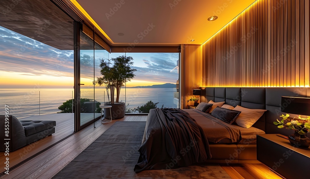 Modern black matte themed wooden bedroom interior with large terrace ...