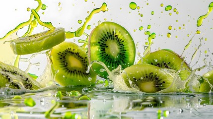 Canvas Print - Whole and sliced kiwi with splashes of juice, isolated on a white background. 