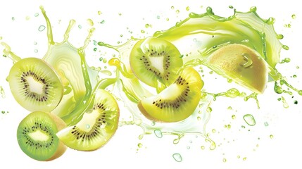 Canvas Print - Whole and sliced kiwi with splashes of juice, isolated on a white background. 