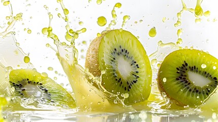 Canvas Print - Whole and sliced kiwi with splashes of juice, isolated on a white background. 