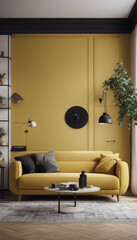 Wall Mural - Modern interior design of scandinavian apartment living room with yellow sofa sideboard and black ar