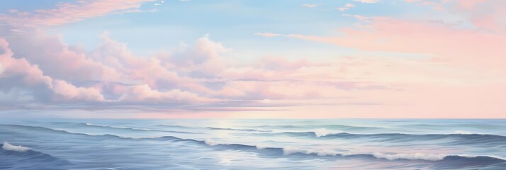 Wall Mural - pastel skies and white clouds hover over a serene ocean, with small waves gently lapping at the shore