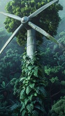 Wall Mural - Wind turbine overgrown with lush green foliage in dense forest