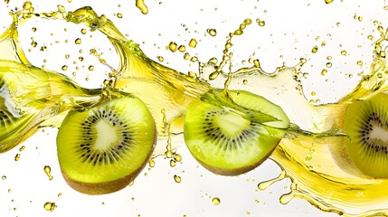 Canvas Print - Whole and sliced kiwi with splashes of juice, isolated on a white background. 