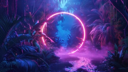 Wall Mural - Round mystical pandora portal glowing in neon colors in a lush jungle setting , futuristic, fantasy, portal, jungle, mystical, neon, vibrant, magical, enchanted, sci-fi