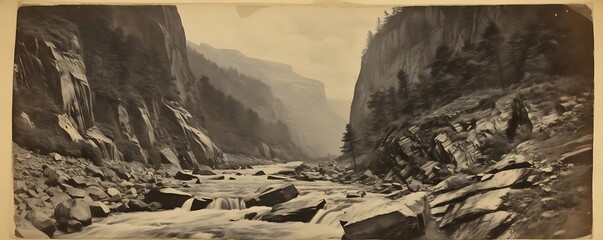 Wall Mural - river gorge in the mountains a cloudy and gray sky looms over a rocky mountain