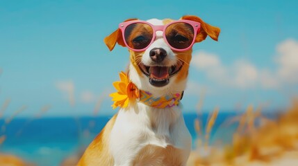 Smiling brown toy Poodle dog wears hat with sunglasses on top and Hawaii dress for summer season.