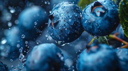 Wall Mural - Blueberries with water droplets on dark background.