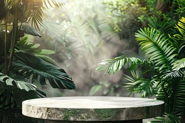 Wall Mural - Stone podium table top floor on outdoors blur monstera tropical forest plant nature background.Organic healthy natural product placement pedestal display,spring or summer jungle - generative ai