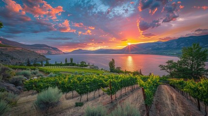 Wall Mural - Sunset at Okanagan Lake near Penticton with a vineyard in the foreground, sunset, Okanagan Lake, Penticton, vineyard, landscape, scenic, nature, water, mountains, serene, peaceful