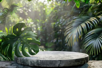 Wall Mural - Stone podium table top floor on outdoors blur monstera tropical forest plant nature background.Organic healthy natural product placement pedestal display,spring or summer jungle - generative ai