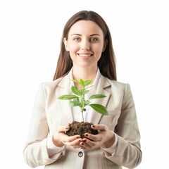 Businesswoman with eco-friendly investment portfolio, modern style, pastel, isolated on white background 