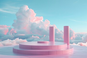 Wall Mural - Stone podium outdoors on sky pink pastel soft cloud with misty mountain nature landscape background.Beauty cosmetic product placement pedestal present minimal display - generative ai