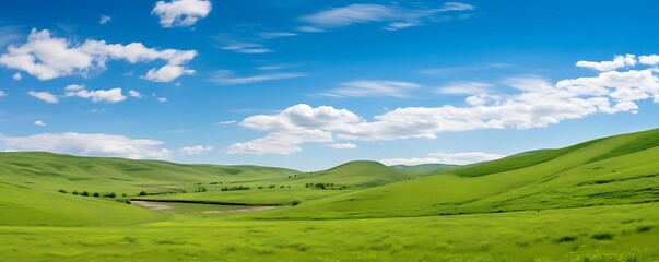 Wall Mural - rolling hills under a blue sky with white clouds and a green tree in the foreground