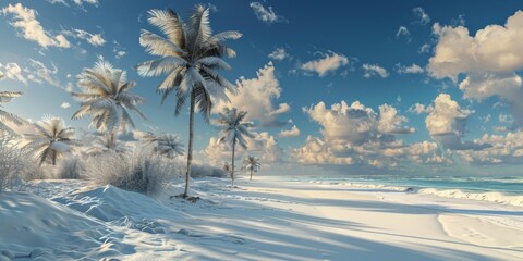 hot tropical beach with palm trees covered with snow. climate changing