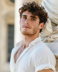 Wall Mural - A man with a beard and blue eyes is wearing a white shirt