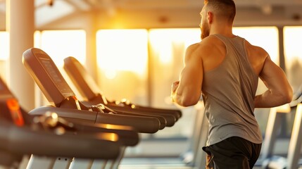 Wall Mural - A man runs on a treadmill in a gym, healthy lifestyle concept