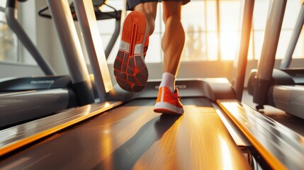 A person running on a treadmill with a bright orange shoe, healthy lifestyle concept
