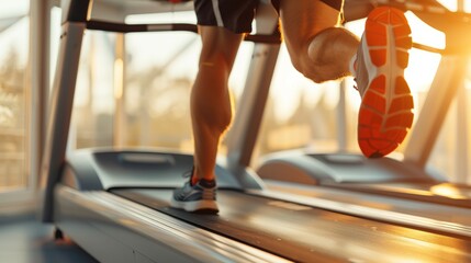 Wall Mural - A man running on a treadmill with the sun shining on him, healthy lifestyle concept