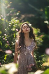 Wall Mural - Tranquil beauty in a sunlit garden: Serene young woman in lavender dress with floral clip in the garden - Generative AI