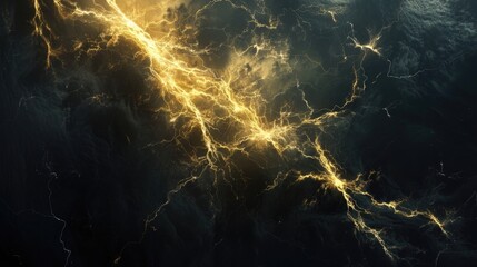 Wall Mural - Thunderstorm golden lightening on a dark background. AI generated image