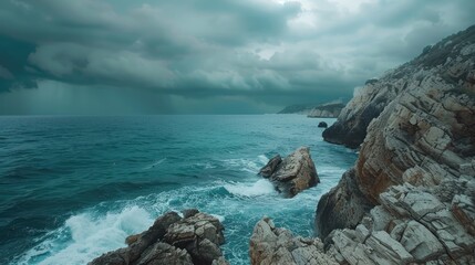 Wall Mural - Dramatic rocky seascape under low clouds and blue sea with dark coastlines in cinematic cloudy weather