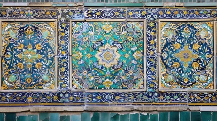 Sticker - Traditional Iranian tile decoration with floral and geometric patterns in shades of blue, green, and gold