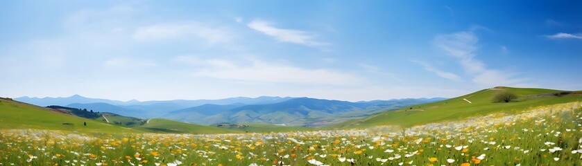 Poster - spring meadow with wildflowers under a blue sky with white clouds
