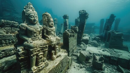 Poster - Underwater of ancient ruins with stone figurines and walls