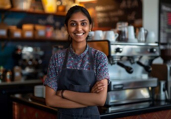 Portrait of smiling young Indian woman in apron standing with arms crossed at coffee shop counter