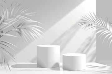 Sticker - Abstract white 3D room with realistic white cylinder pedestal podium set and palm leaf shadow overlay. Minimal scene for product display presentation. Vector geometric platform - generative ai