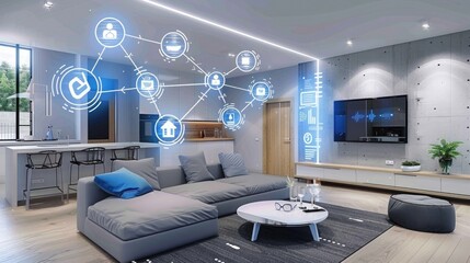 Wall Mural - Smart homes in a digital community where devices are connected to a digital network for enhanced convenience and efficiency