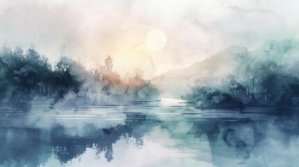 Wall Mural - Soft and dreamy watercolor landscape painting , watercolor, dreamy, soft, landscape, nature, serene, peaceful, tranquil, artistic, painting, digital art, generative AI, scenery