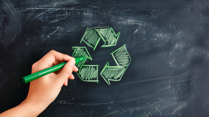 A hand draws a green recycling symbol on a chalkboard with a marker, representing the importance of environmental education and promoting sustainable practices.