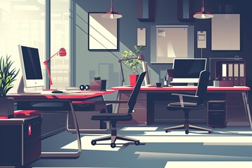 Aufkleber - a computer desk with a monitor and a keyboard, Craft a detailed vector illustration of a sleek tech startup office