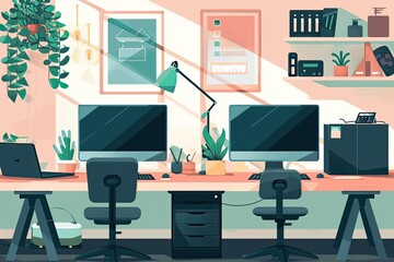 Leinwandbilder - a computer desk with a monitor and a keyboard, Craft a detailed vector illustration of a sleek tech startup office