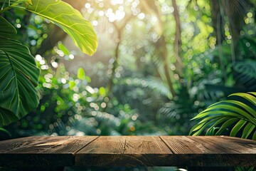 Wall Mural - Wood tabletop podium floor in outdoors tropical garden forest blurred green leaf plant nature background.Natural product placement pedestal stand display,jungle paradise concept - generative ai