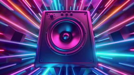 Wall Mural - Sound speaker on illuminated neon light background. AI generated image