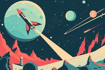 a space shuttle flying through the sky with planets in the background, craft a vector illustration o
