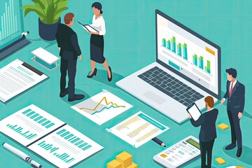 Leinwandbilder - two people sitting at a desk with a laptop and a monitor, Craft a vector scene of professionals in the tourism and travel sector