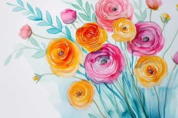 Poster - a painting of flowers with a blue background, Craft a vibrant watercolor bunch of ranunculus flowers